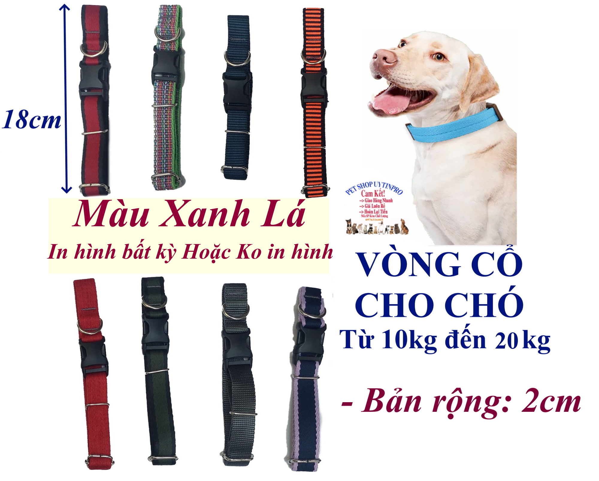 Vòng cổ cho Chó từ 10kg đến 20kg Bản rộng 2cm Chất liệu dù cao cấp, Chắc chắn, An toàn cho thú cưng