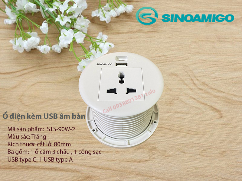 Ổ điện âm bàn Sinoamigo STS-R90W-2, hai màu đen/ trắng (gồm 1 ổ điện, 1 ổ USB-A, 1 ổ cắm USB-C). Hàng chính hãng