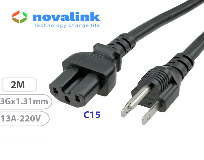 Dây nguồn C15 dài 2m Novalink NV-53002A | Dây nguồn 3 chấu cho UPS, PDU, server..13A-220/250V. Hàng chính hãng