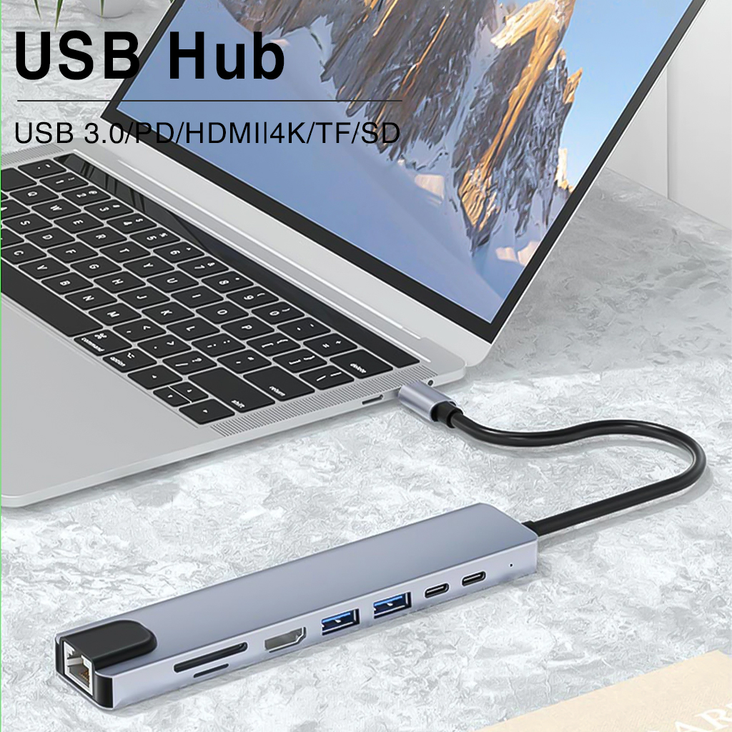 Vinetteam Hub USB TYPE-C 8 Cổng HDMI 4K 60Hz/ USB 3.0/ TF/ SD/ RJ45 100Mbps Dành Cho Macbook, PC Và Devices - Hàng Chính Hãng