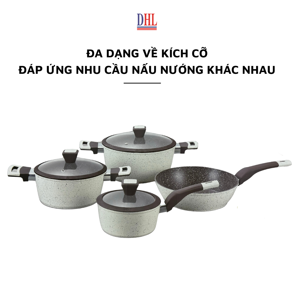 Bộ nồi chảo bếp từ vân đá chống dính cao cấp Mitomo Giyoca 4 món - Hàng chính hãng BH 24 tháng