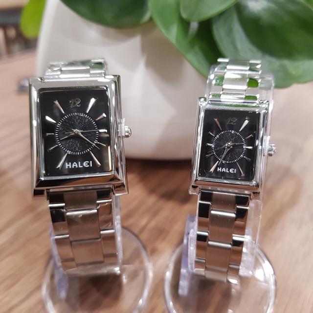 Đồng hồ cặp đôi nam nữ Halei mặt đen dây kim loại chính hãng Tony Watch 68