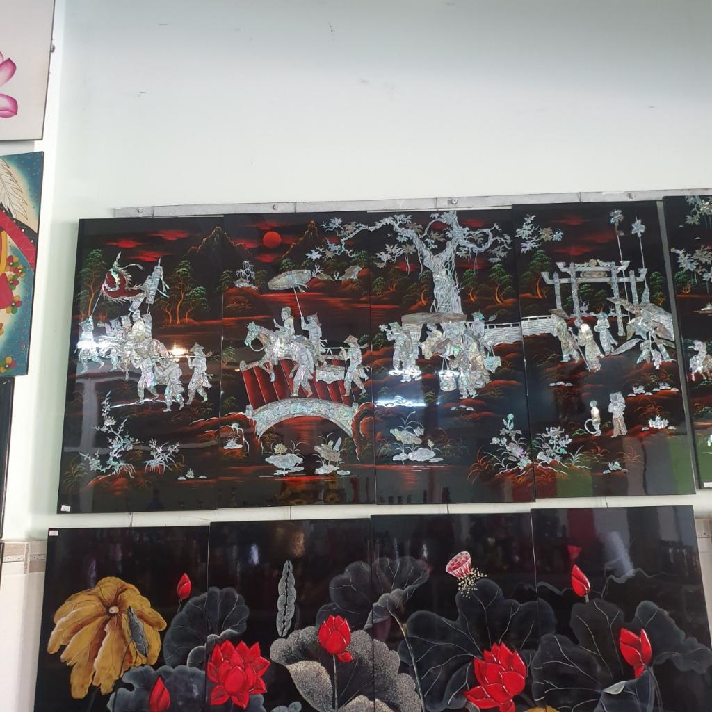 Tranh sơn mài Bộ 4 tấm Vinh Quy Bái Tổ cẩn ốc xà cừ, hàng đẹp, hàng xuất khẩu size 80x160 cm
