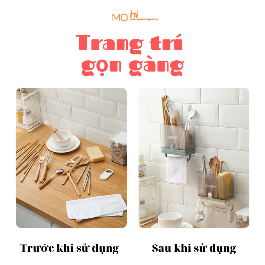 Hộp Đựng Đũa Muỗng Dán Tường Có Móc Treo Khăn MOHI CHOPSTICKBOX-Hàng Chính Hãng- Giao Màu Ngẫu Nhiên 