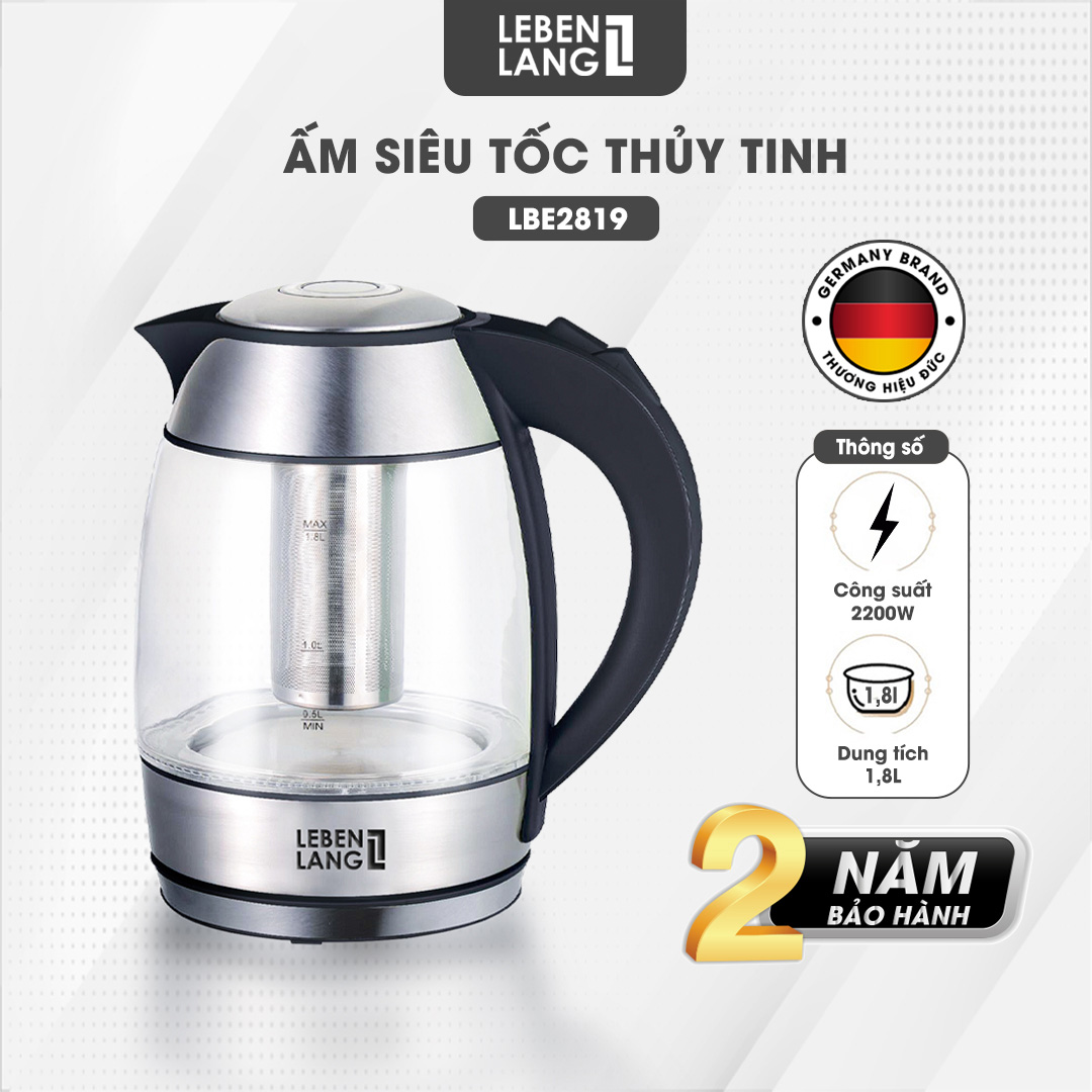 Ấm siêu tốc thuỷ tinh 1,8lit Lebenlang LBE2819 (hàng chính hãng)