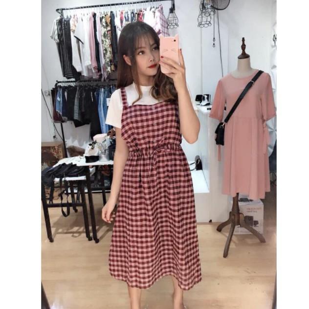 Váy yếm kẻ caro 2 dây có dây buộc eo / Váy yếm caro babydoll bánh bèo tiểu thư siêu xinh
