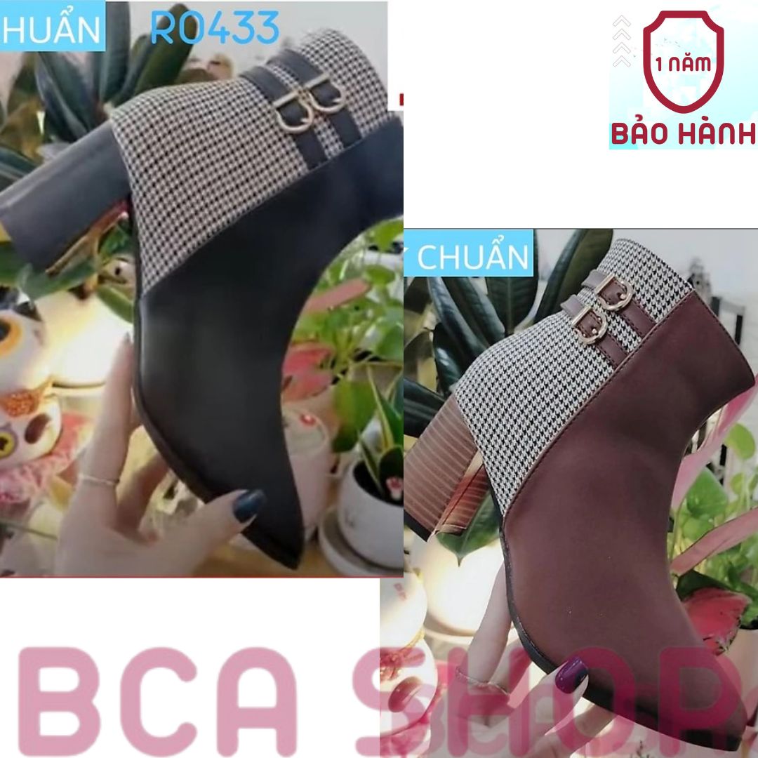 Giày bốt nữ cổ ngắn 7p RO433 ROSATA tại BCASHOP phần sau gót phối ca rô sành điệu và độc lạ - màu đen