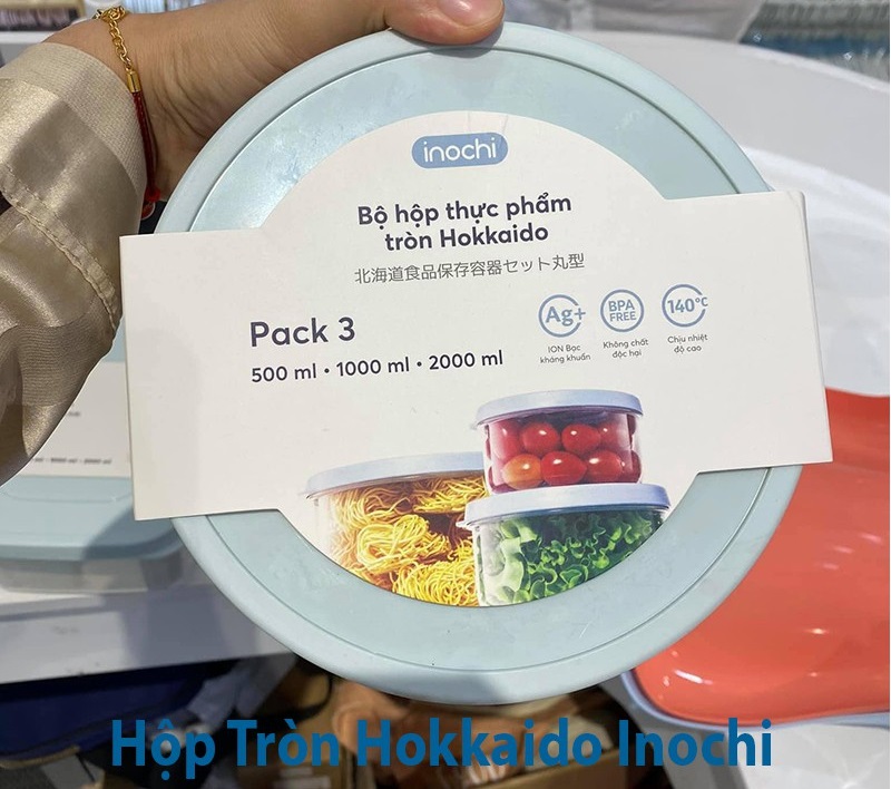Bộ 3 hộp thực phẩm tròn Hokkaido 500-1000-2000ml (Tặng kèm Sticker)- chính hãng INOCHI an toàn tiêu chuẩn Nhật Bản