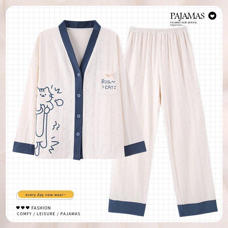Bộ Pyjama Mặc Nhà Cotton Cổ Chữ V Phiên Bản Nâng Cấp Mới Nhất