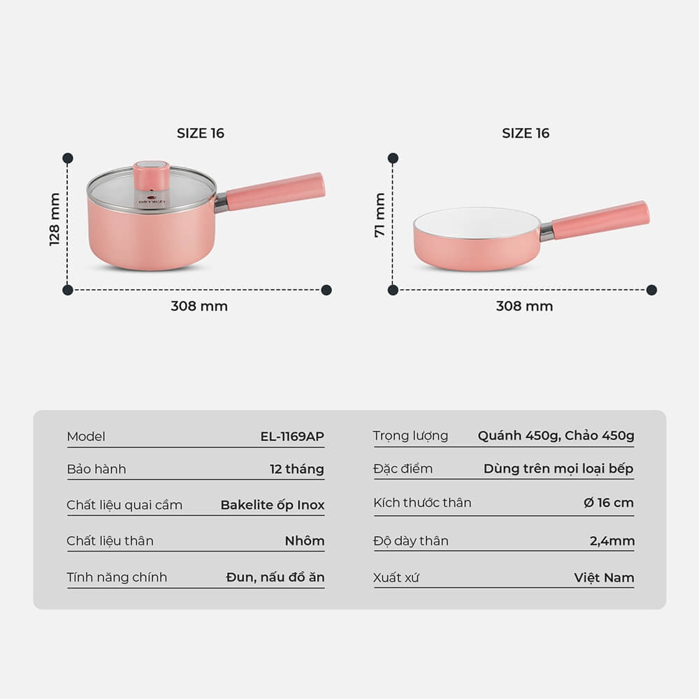 Bộ nồi chảo chống dính 16cm Elmich baby EL-1169AP, Hàng chính hãng, Dùng được nhiều loại bếp - JoyMall