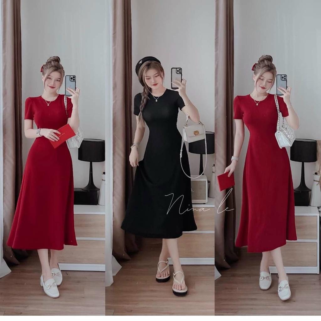 Đầm thun xoè midi hở lưng dây cột nơ siêu hot