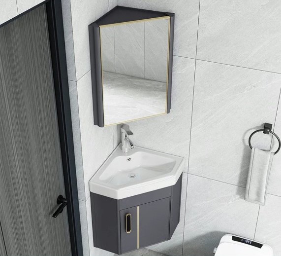 Bộ tủ chậu lavabo phòng tắm bằng nhôm màu xám hoặc trắng treo ở góc tường sử dụng tối ưu không gian