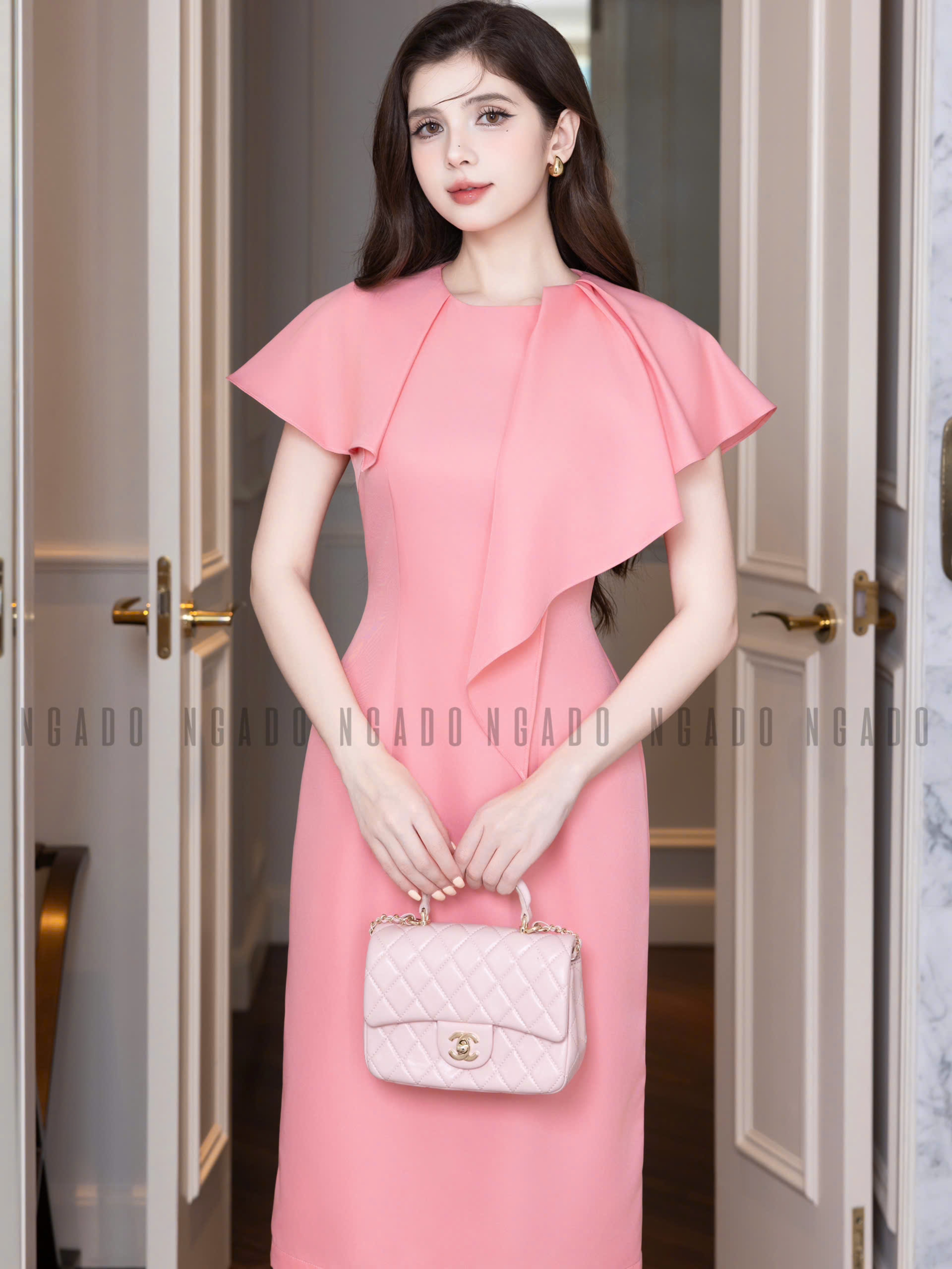 Đầm hồng bút chì phối bèo NGADO , đầm bút chì , đầm kiểu Nữ, đầm dự tiệc , công sở