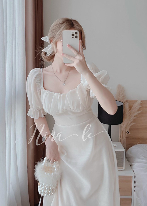 Đầm Voan Chinhfon Tay Phồng Xếp Ly Ngực Xinh Xắn