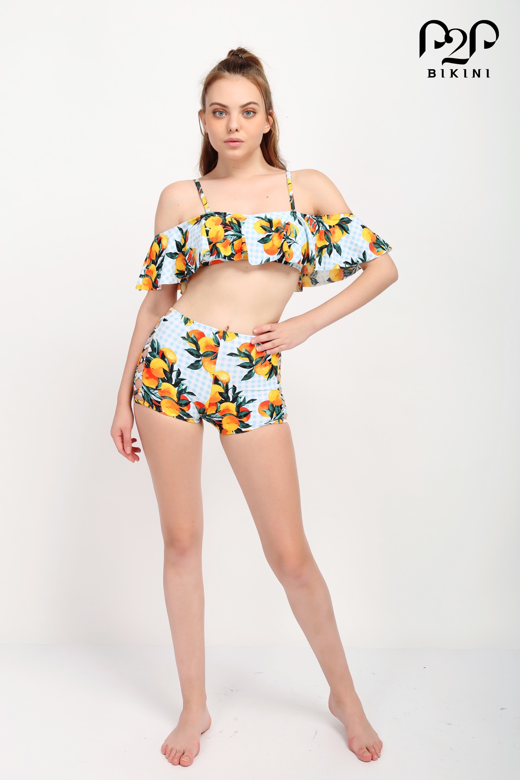 P2P BIKINI - Đồ bơi hai mảnh áo croptop bèo trễ vai, quần short họa tiết trái cam - BTK340HT_LC1