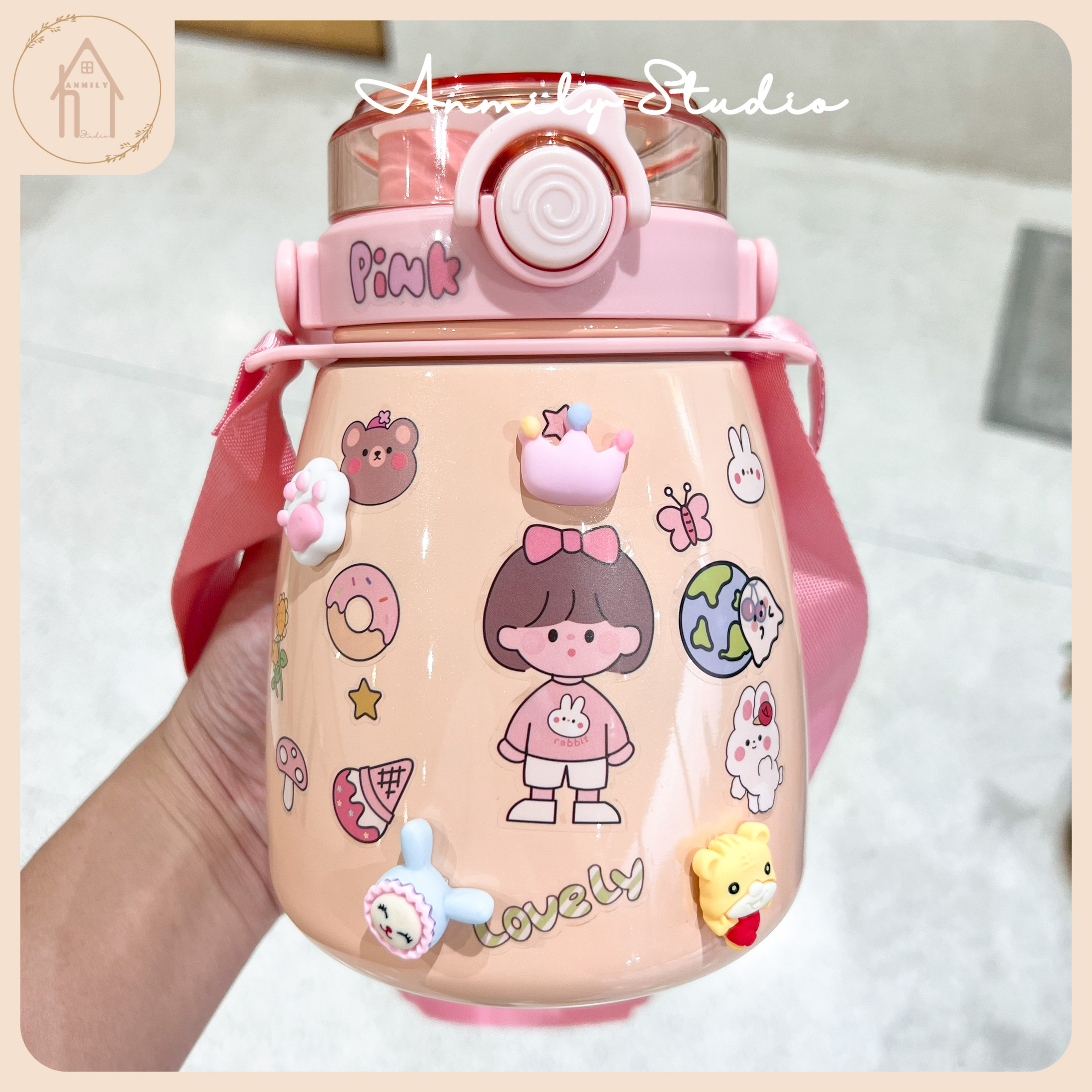 Bình Giữ Nhiệt Cute Chất Lượng Cao Dung Tích Lớn 1000ml Có Ống Hút Kèm Theo, Tặng Sticker 2D, 3D