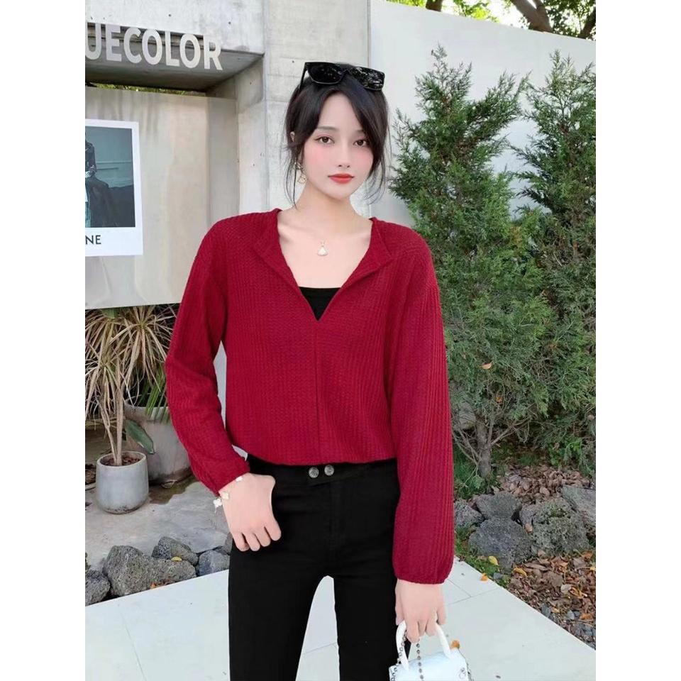 Bộ Áo Thun Hai Dây Kèm Áo Croptop Vải Tổ Ong Tay Bo Chun Dài Tay