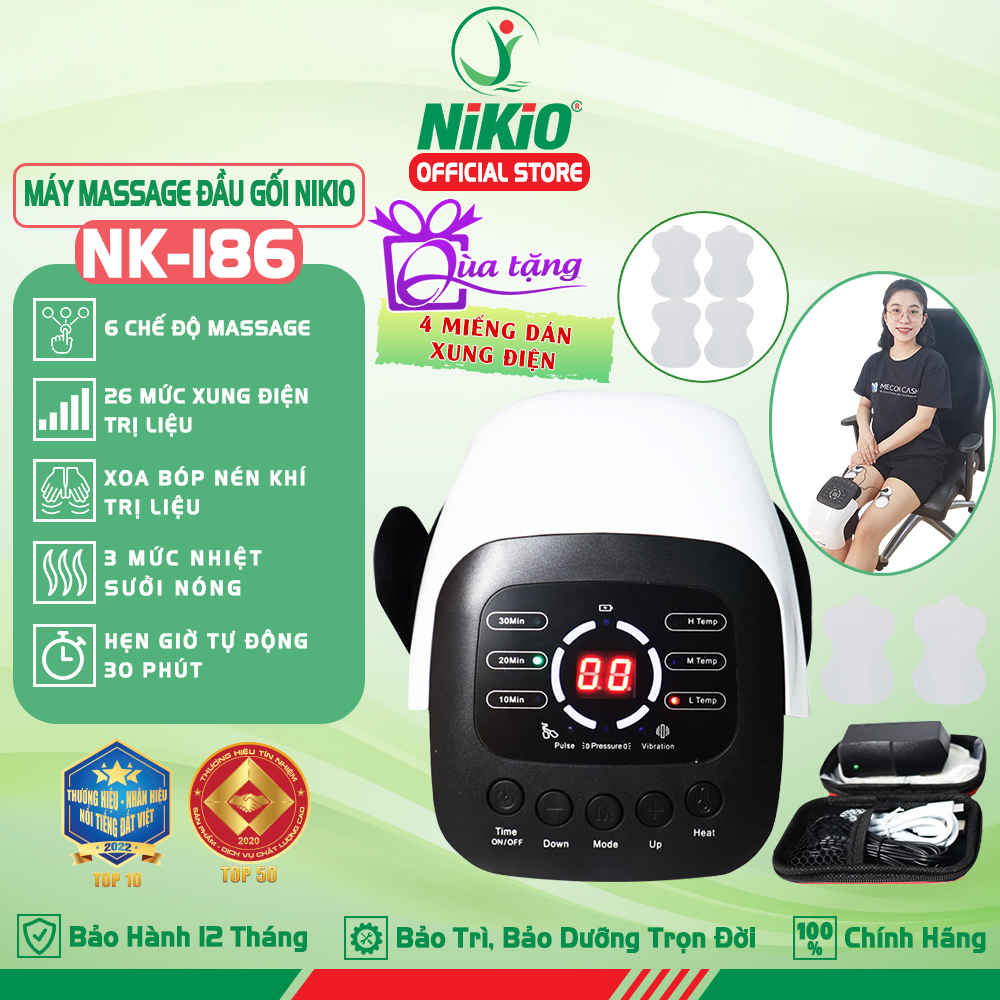 Máy Massage Đầu Gối Nikio NK-186 – Công Nghệ Rung, Túi Khí Xoa Bóp Nhẹ Nhàng Giúp Khớp Gối Thư Giãn, Giảm Đau Nhức – Kết Hợp Miếng Dán Xung Điện Matxa Giãn Cơ, Giảm Đau Nhức Toàn Thân – Dòng Pin Sạc