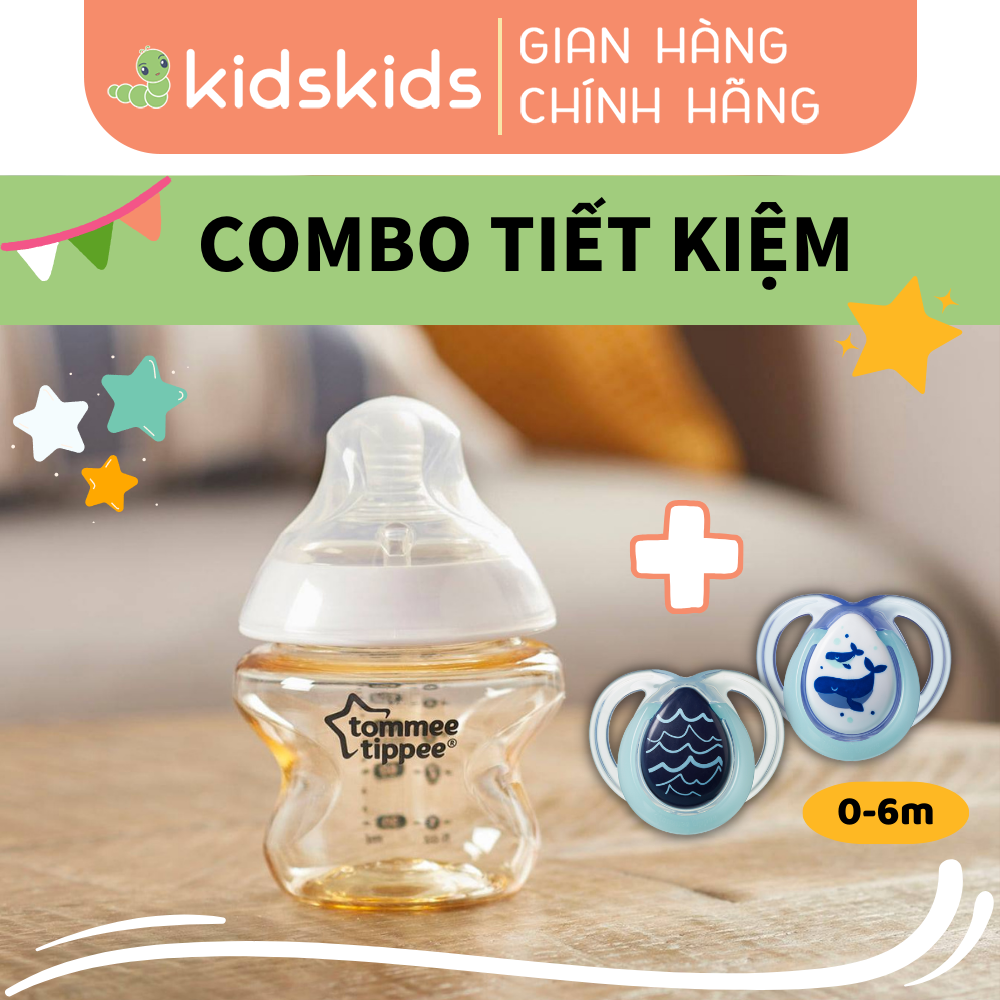 COMBO Ty Ngậm Dạ Quang Cho Bé Tommee Tippee Night Time 0-6m & Bình Sữa PPSU Ty Siêu Mềm Tự Nhiên 150ml