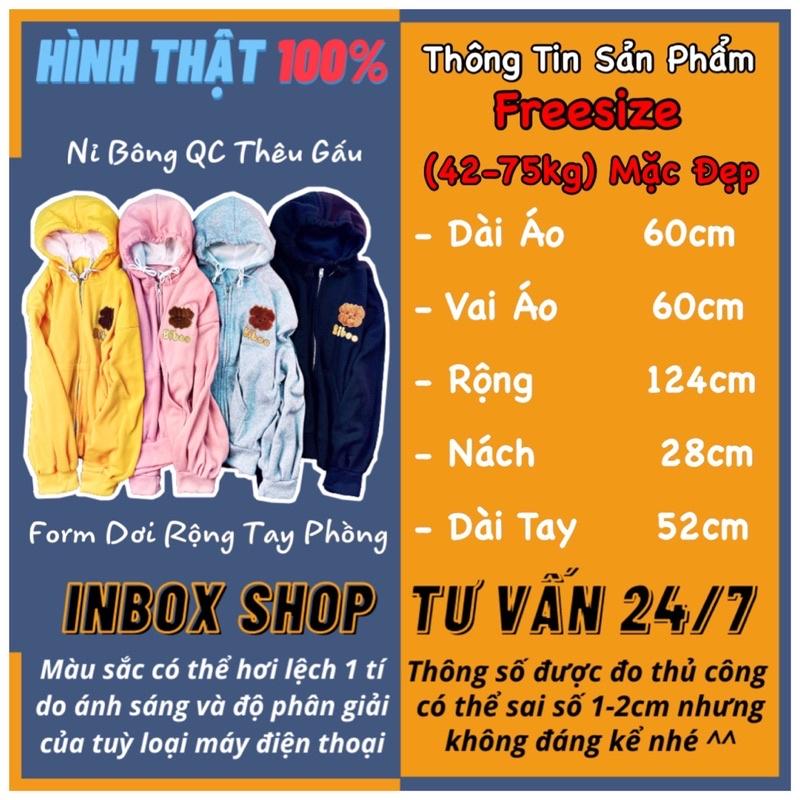 Áo khoác nam nữ nỉ bông form rộng tay phồng khoá kéo THÊU GẤU BIBOO PHỒNG - THEULZZANG 3462