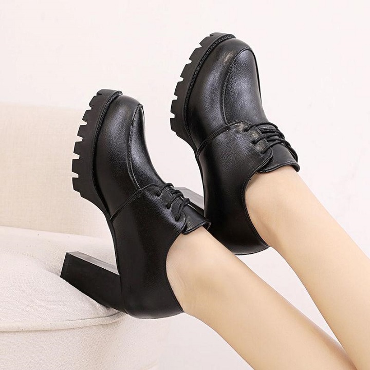 Giày boot nữ đế vuông 7 phân cột dây trơn cao cấp, bốt nữ gót vuông phong cách Korea S084