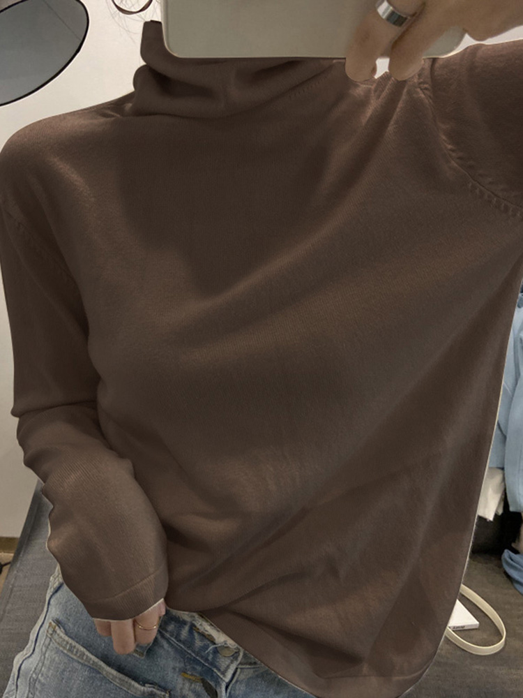 Fashion Winter Women Sweater Knitwear High Neck Long Sleeves Solid Ribbed Knitted Pullover Tops