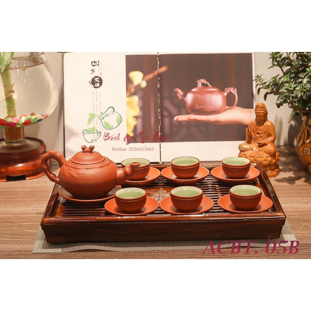 Bộ Ấm Chén Gốm Tử Sa Bát Tràng - Họa Tiết Trúc Đắp Nổi ACBT05