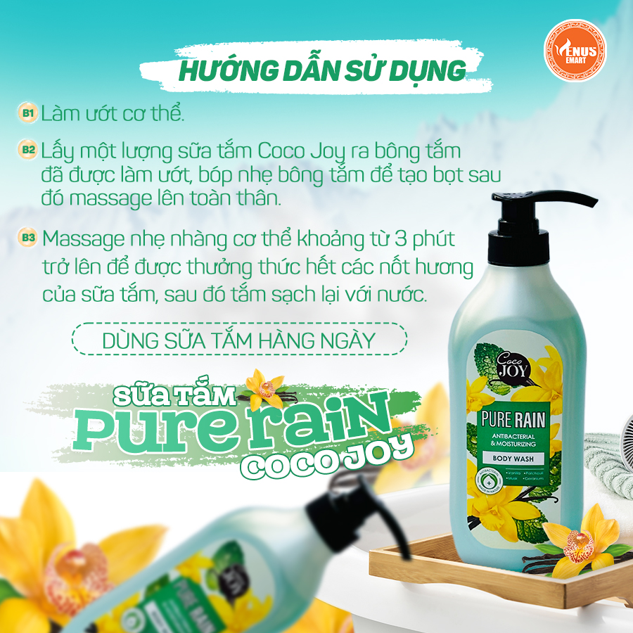 Sữa tắm kháng khuẩn và dưỡng ẩm hương nước hoa Cocojoy Pure Rain chiết xuất hoa lan Vanilla, Lavender, hương cam 6g, 500g, 900g