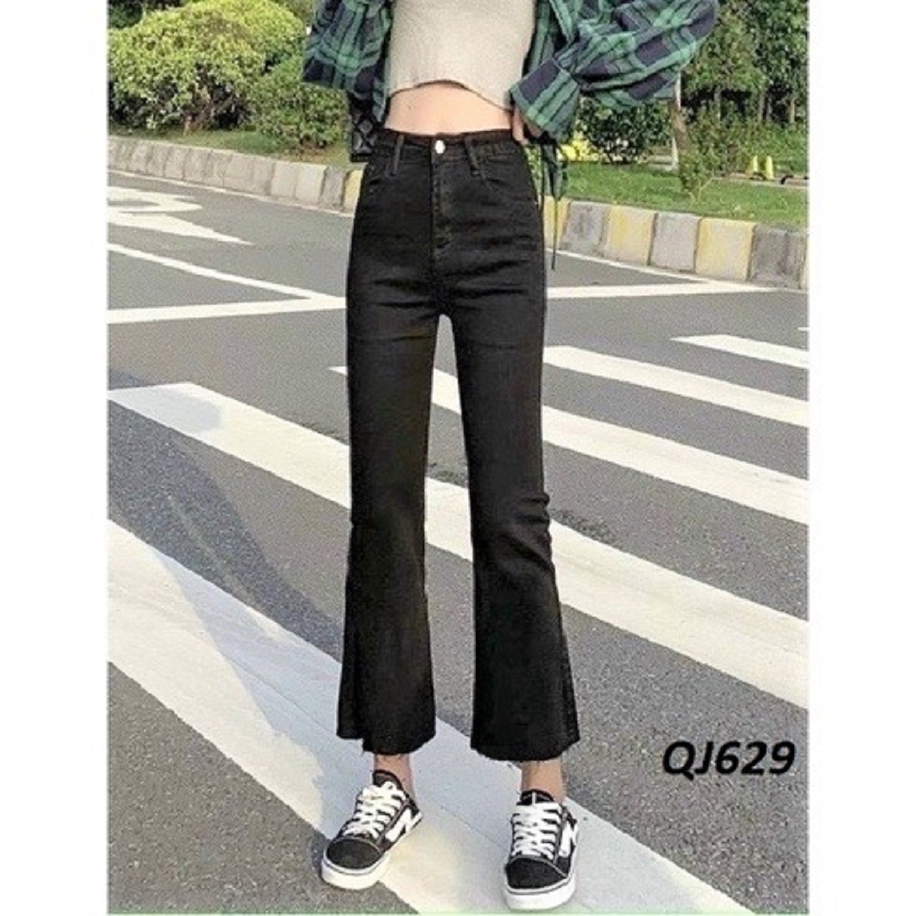 Quần jean ống loe lưng cao cắt gấu [có size lớn] QJ629