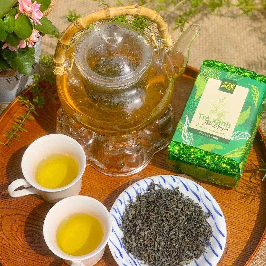 Trà xanh Tân Cương Thái Nguyên CACAOMI chè bắc loại ngon, đặc sản truyền thống Việt Nam làm quà biếu tặng 200g