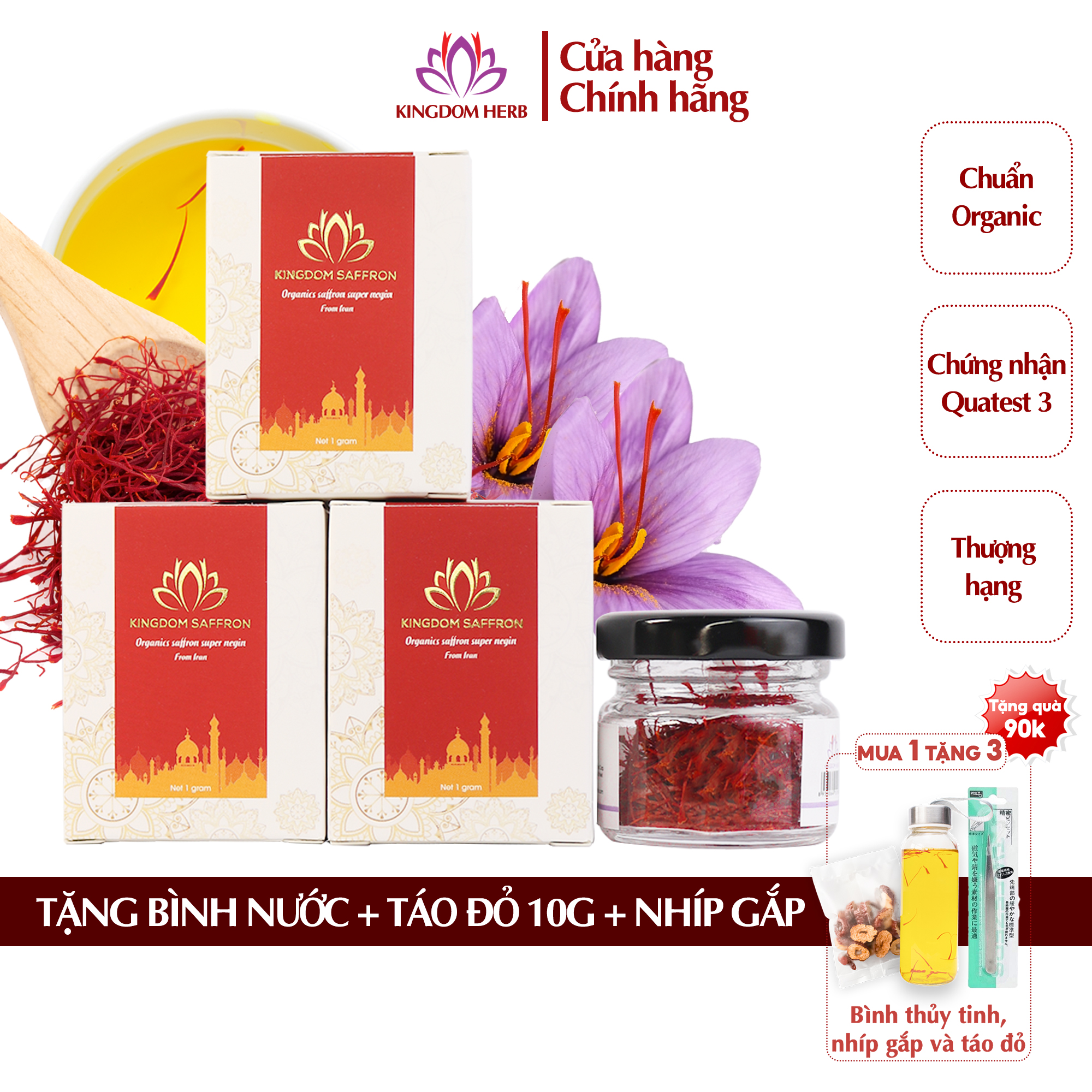 Combo 3 Hộp Hộp1Gr Saffron Kingdom Herb, Nhụy Hoa Nghệ Tây Iran Chính Hãng Super Negin Thượng Hạng Tặng Táo Đỏ Tân Cương 10G, Bình Nước Và Nhíp Gắp