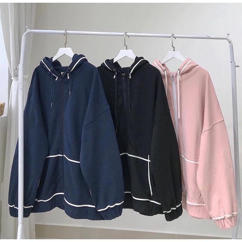 Áo khoác hoodie nỉ viền dây kéo màu ĐEN/NAVY/ HỒNG ️ Nam nữ unisex -/- Áo khoác form rộng Jaystoree