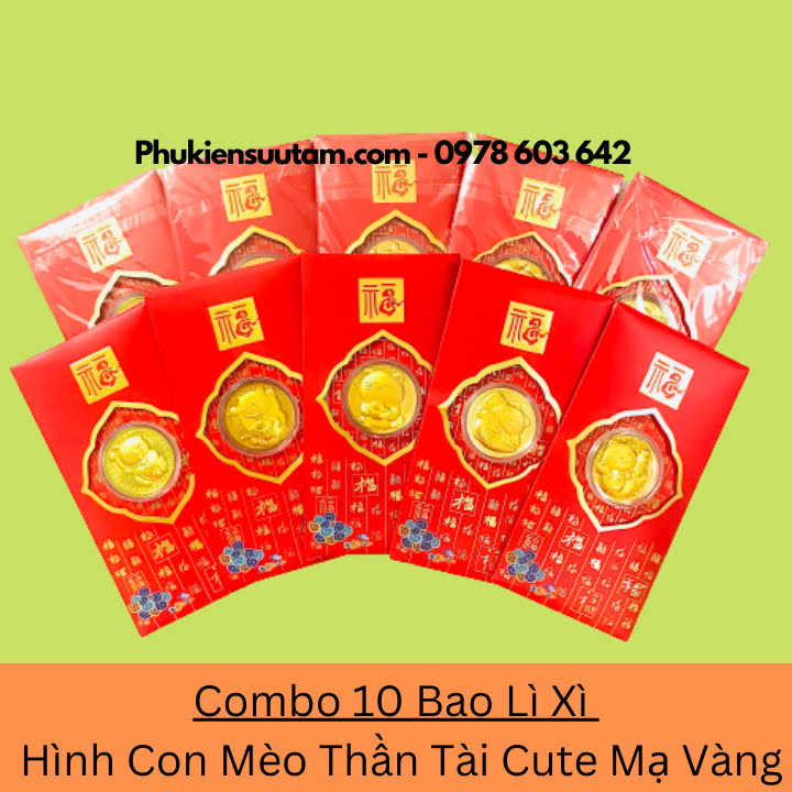 Combo 10 Bao Lì Xì Hình Con Mèo Thần Tài Cute Mạ Vàng, kích thước: 17cmx9cm, màu đỏ - SP005926