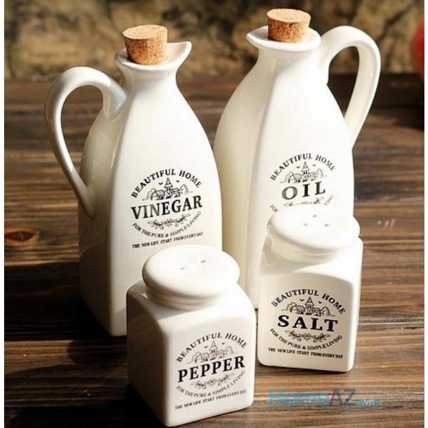 Bộ đựng gia vị nhà bếp bằng sứ cao cấp, đẹp LALIN có in tên trên lọ mã AZDTT003