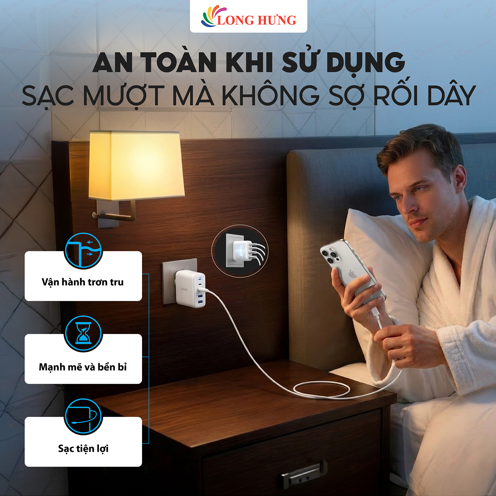 Cốc sạc Anker Zolo Fast Charging Portable 4-in-1 2USB 2Type-C 50W A121E - Hàng chính hãng