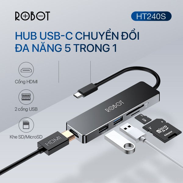 Bộ Chuyển Đổi Đa Năng HUB USB-C 5 In 1 ROBOT HT240S Type-C To USB 3.0/HDMI/PD/SD/TF - Hàng Chính Hãng