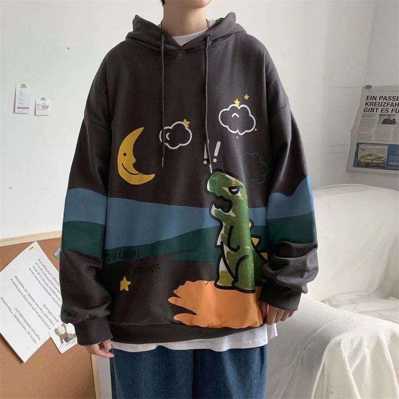 Áo hoodie tay dài dáng rộng in hình khủng long gồm 4 màu sắc