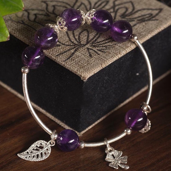 Lắc tay đá Thạch Anh Tím thiên nhiên 10 ly mix Charm Bạc 925