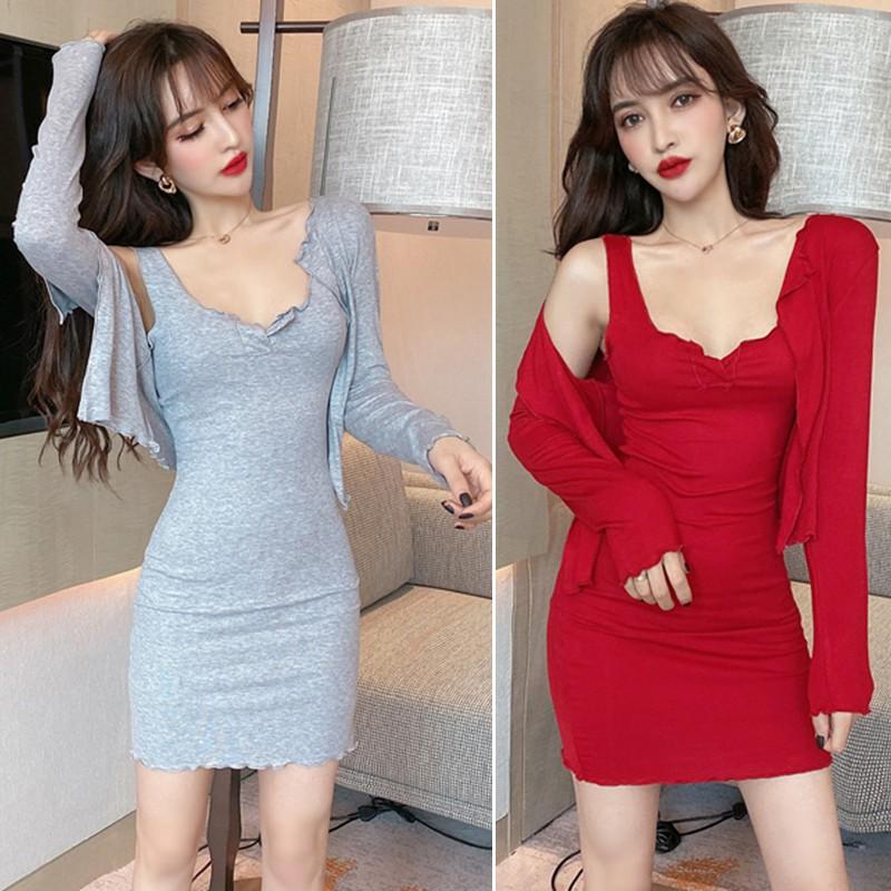 Đầm dài không tay + áo khoác Cardigan phong cách Hàn Quốc