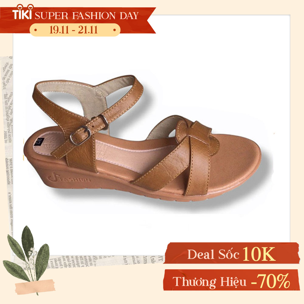 Dép nữ sandal Trường Hải đế xuồng da bò thật màu vàng Cao 5cm HÌNH ẢNH THẬT