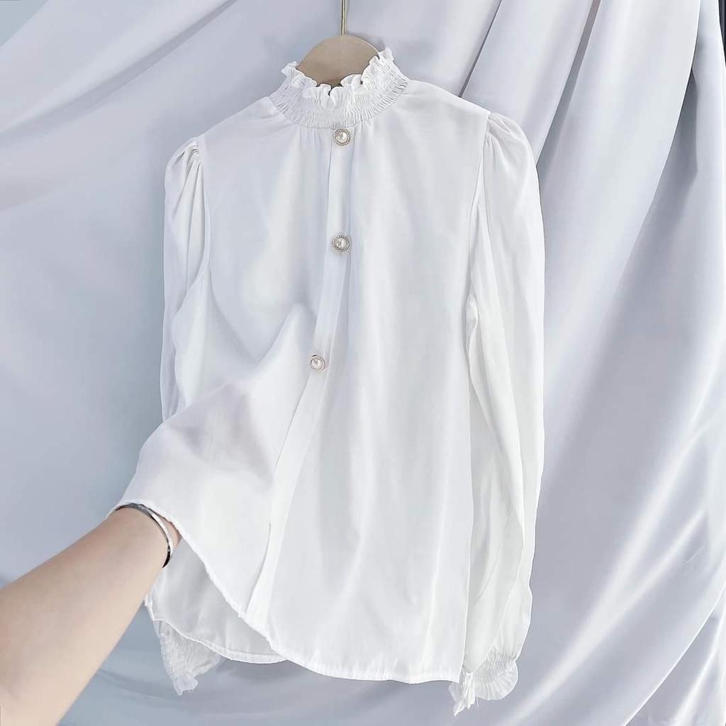 ÁO SƠ MI LỤA NHUNG CỔ NHÚN ĐÍNH CƯỜM AM73