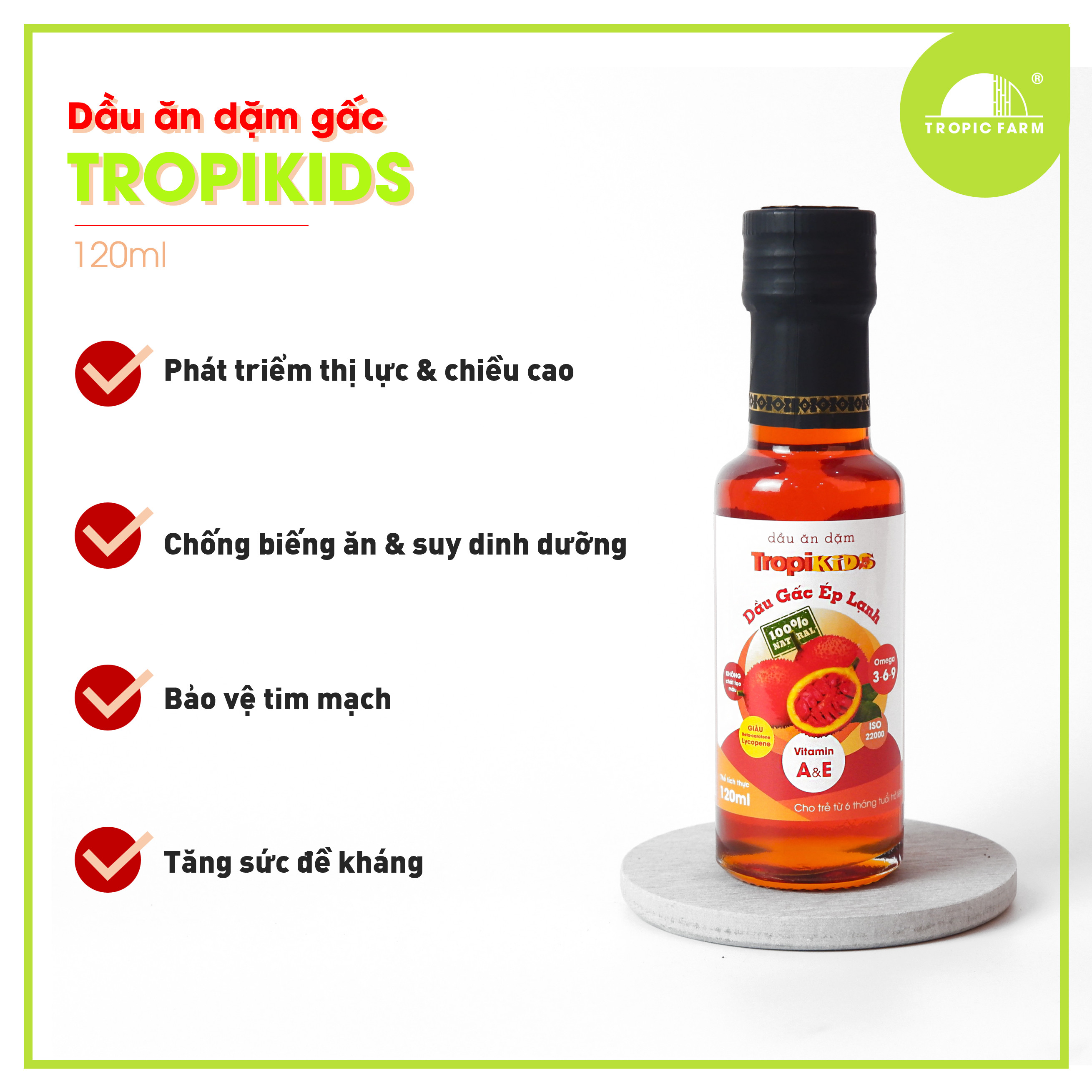 Dầu Gấc ăn dặm TropiKids cho bé từ 6 tháng tuổi - Bổ sung Vitamin A,E tự nhiên - Chai 120ml