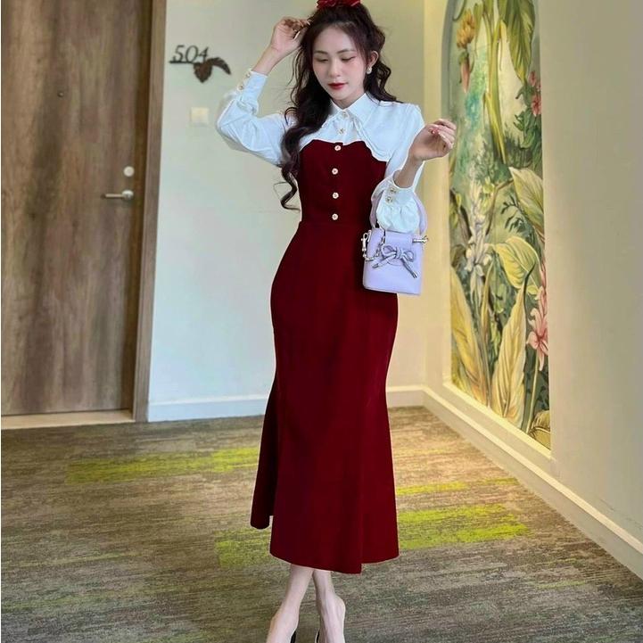FRESHIP Đầm body màu đỏ phối trắng tay dài cổ sơ mi đính nút kiểu đầm dự tiệc KIMGIA DS