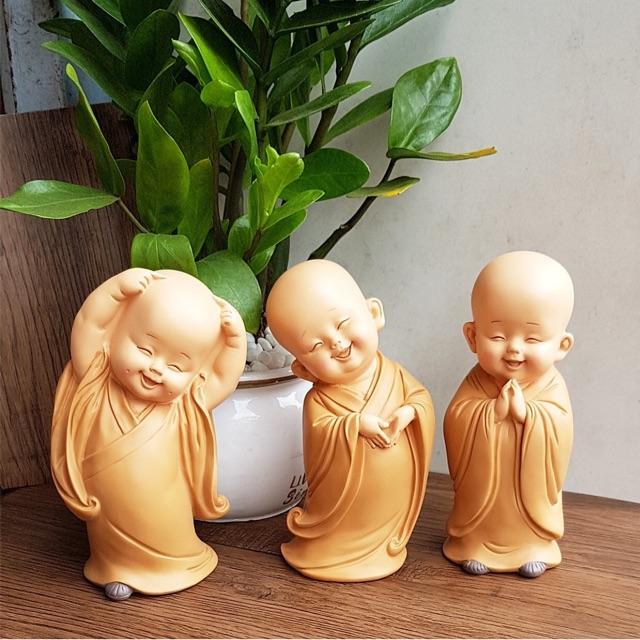 Bộ 3 chú tiểu vui vẻ - mẫu chú tiểu áo nâu cao 13,5cm