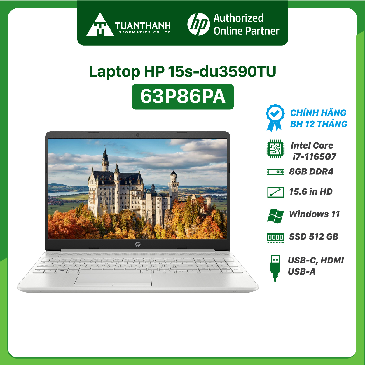 Hình ảnh Laptop HP 15s-du3590TU (63P86PA) ( i7-1165G7/8GB RAM/512GB SSD/15.6HD/Win 11 Home 64/Bạc) Hàng chính hãng
