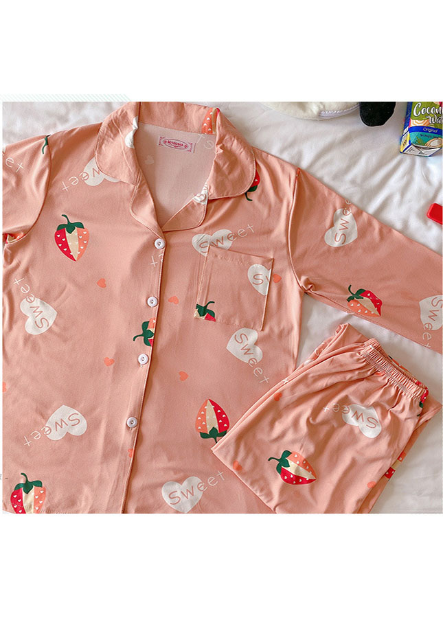 Đồ mặc nhà đồ ngủ cao cấp pijama cho nữ cottong lông thỏ màu hồng có cổ quần dài áo dài thu đông họa tiết dâu tây đáng yêu 2020
