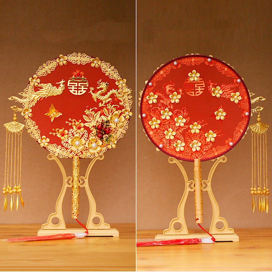 QUẠT HỈ - QUẠT CƯỚI CẦM TAY CÔ DÂU RỒNG PHƯỢNG LONG PHỤNG TRÌNH TƯỜNG CỔ TRANG KÈM GIÁ ĐỠ VÀ HỘP QUÀ