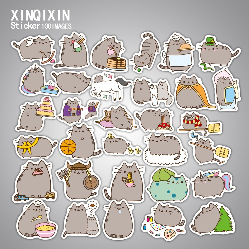 Bộ 100 miếng Sticker hình dán Mèo mập