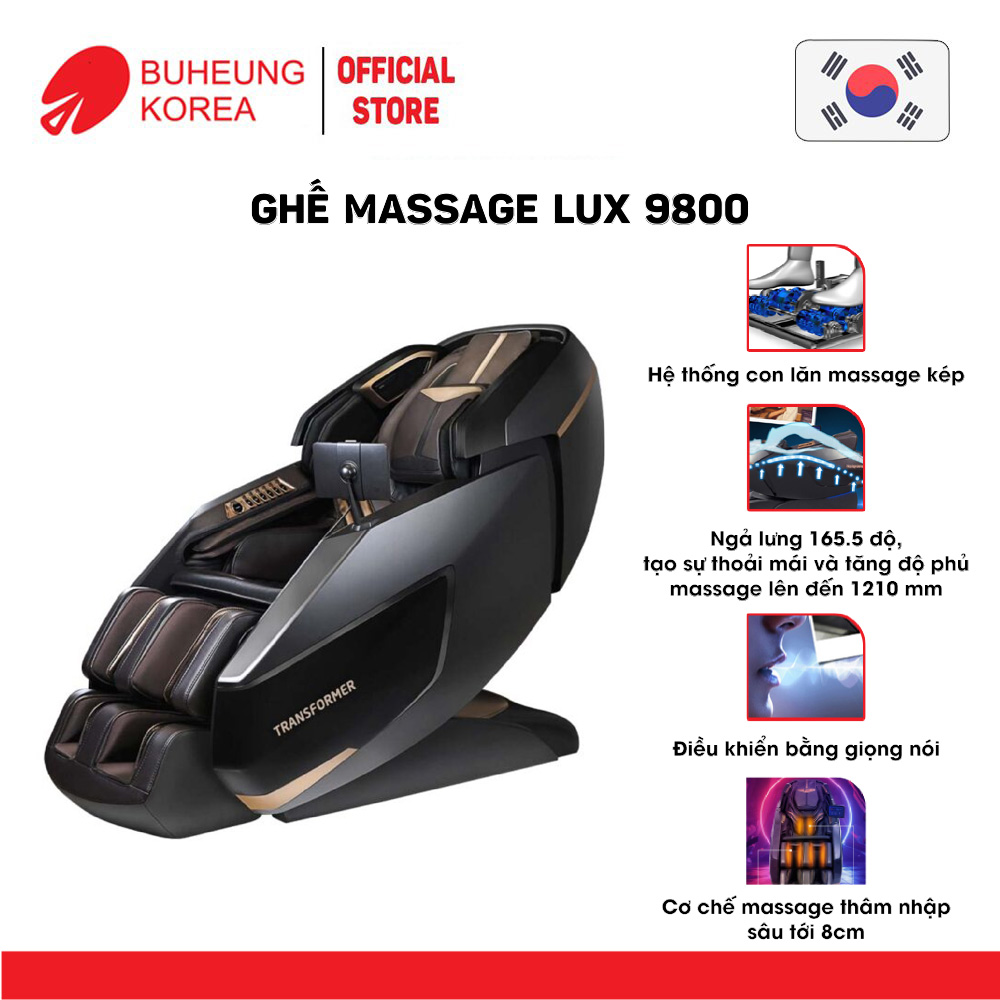 Ghế Massage thương gia cao cấp Buheung LUX-9800, con lăn kép, điều khiển bằng giọng nói, massage chuyên sâu, bảo hành chính hãng