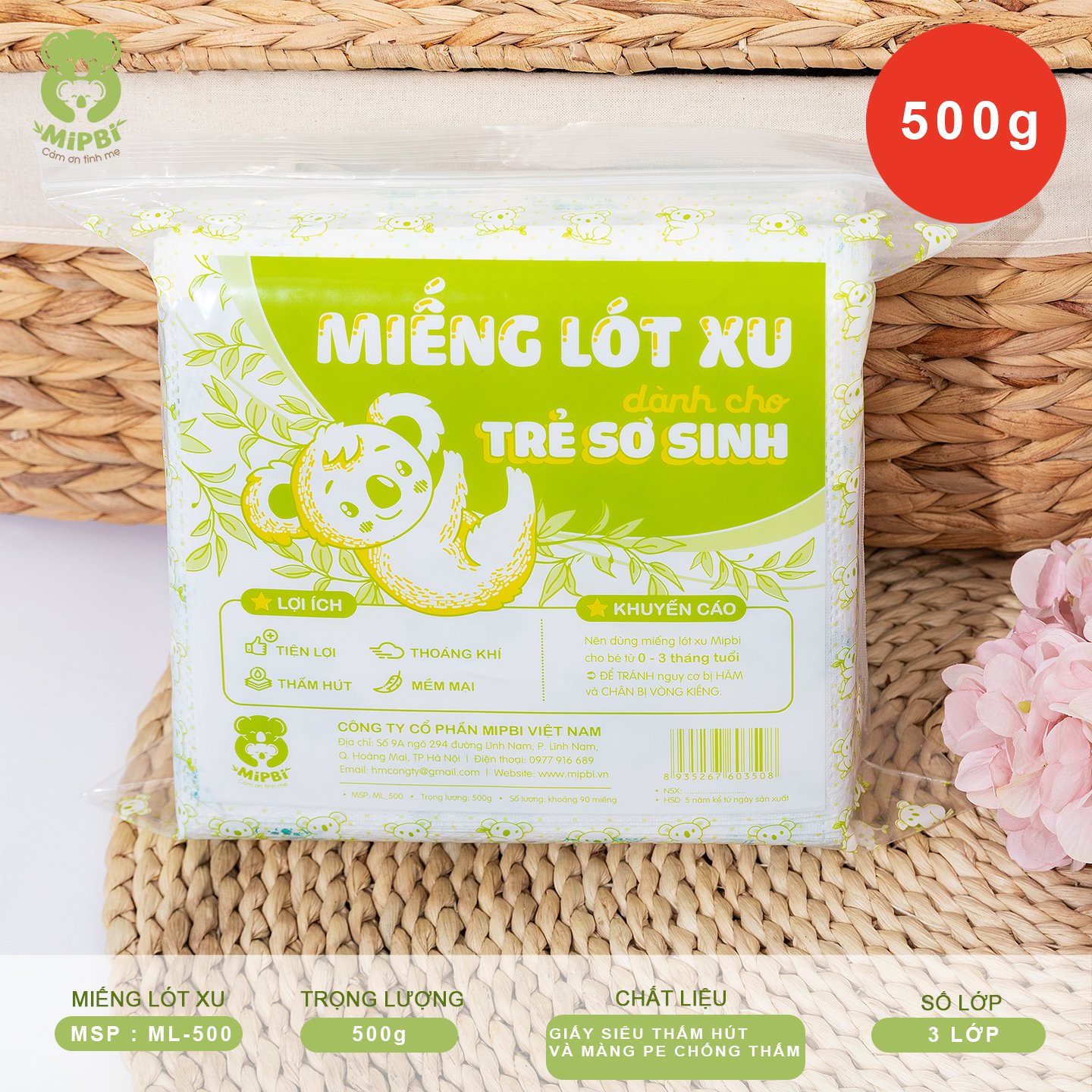 Miếng lót xu dành cho trẻ sơ sinh Mipbi 3 lớp gói 500g 90 miếng, siêu thấm, ngăn thấm ngược, chống tràn